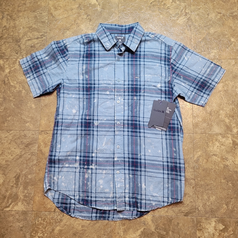 Hurley Archer Button Up Shirt Mens Medium M Blue Short Sleeve Plaid Beach Surf